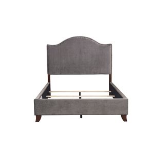 Letto Matrimoniale Moderno Tradizionale in Legno Massello con Testiera Imbottita in Velluto Grigio e Finitura a Chiodi, 1 Pannello - Product Image 5
