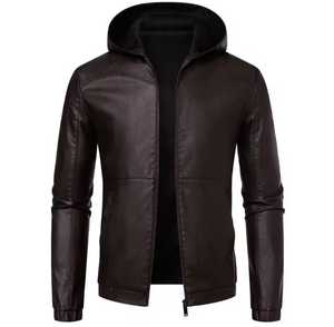 <b>Men's</b> <b>Leather</b> Waterproof Stand Collar Moto <b>Jacket</b> Zipper Closure Slim Fit Windproof Autumn Style Solid Color Regular Length - Product Image 6