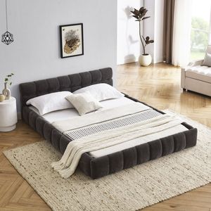 Letto matrimoniale imbottito con testiera in tessuto ciniglia spesso e piattaforma in legno massello - Product Image 1