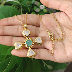 Romantic Jewelry Briolette Cut Opalite Quartz and Aqua Chalcedony Cross Pendant Necklace 18k Gold Plated Chain Brass Necklace - Product Image 3