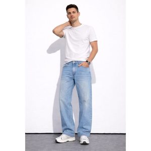 Jean en denim coupe droite style rétro vintage bleu glace effet moustaches 100% coton écologique respirant léger streetwear taille 28 42 - Product Image 3