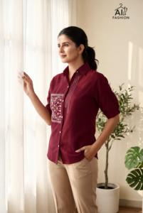 Women's Navy Blue Poplin <b>Shirt</b> With Hand Embroidery Plant Pattern Three Quarter Sleeve <b>Button</b> Down Collar Regular Fit Summer - Product Image 4
