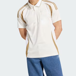เสื้อโปโลแขนสั้นลายทางสีทองคำขาวสำหรับผู้ชาย ปกพับได้ ระบายอากาศได้ดี ผลิตจากโพลีเอสเตอร์ ทรงปกติ ใส่ได้ทุกฤดูกาล เหมาะสำหรับเล่นกีฬา - Product Image 1