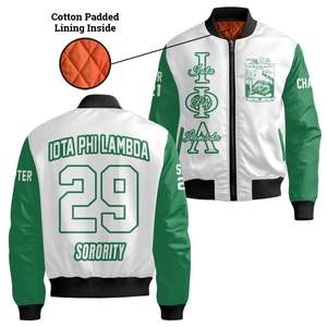 Iota Phi Lambda Women Custom Chapter Varsity Jacket White Emerald Green Greek Letter Crest Front <b>Back</b> Year Zip Bomber Jacket - Product Image 4