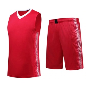 Ensemble de maillot de basket-ball rouge pour hommes, sans manches, col en v, évacuation de l'humidité, imprimé géométrique, vêtements de sport en Polyester - Product Image 1
