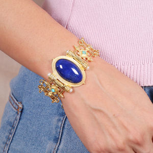 Hermoso diseño de pulsera chapada en oro con turquesa, perlas y lapislázuli para mujer, ideal para compromiso, boda o fiesta. - Product Image 3