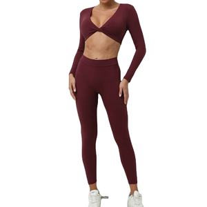 Conjunto de mallas de gimnasio de levantamiento de cadera de cintura alta para mujer, traje de Yoga de entrenamiento de manga larga, patrón sólido, pantalones deportivos sin costuras para Fitness - Product Image 4