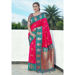 Sari en soie douce rose framboise Elite Weaves avec contraste tissé Zari, robe de soirée élégante - Product Image 3