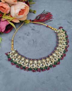 Handcrafted <b>Crystal</b> Beaded Choker Necklace <b>Set</b> With Chandbali Earrings And Mangtika Ethnic Wear Designer Jewellery <b>Set</b> Wholesale - Product Image 5