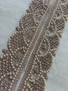 Rose Gold Scalloped Pearl Lace Trim Embroidered Beaded Mesh Ribbon <b>for</b> Bridal <b>Wedding</b> Dress Luxury Garment Border Wholesale - Product Image 4