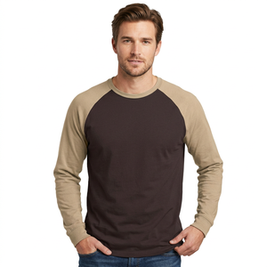 T-shirt décontracté pour homme en coton tricoté 100 %, coupe droite, col rond, manches raglan, couleur unie, bordure contrastante sur le devant, anti-plis - Product Image 2