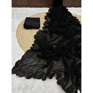 DISEÑADOR GEORGETTE SECUENCIA CORTE TERCIOPELO SIROSKI TRABAJO SAREE CON BLUSA DESCOSADA NEGRO - Product Image 1