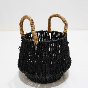 Ensemble de paniers suspendus en jonc de mer noir tressé avec poignées en rotin naturel, rangement écologique pour la décoration intérieure - Product Image 5
