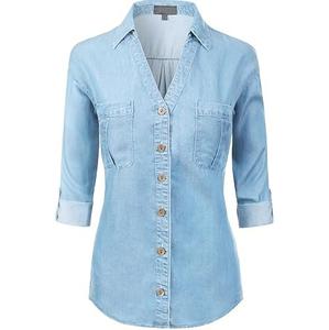 Camisas de mezclilla ajustadas con bolsillo en el pecho, elásticas, con botones, transpirables, al por mayor - Product Image 1