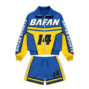 Conjunto corto cortavientos de poliéster premium para hombre, 120 GSM, azul y amarillo con paneles en contraste, logotipo personalizado por sublimación, ropa deportiva, talla grande - Product Image 1
