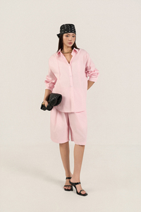 Conjunto de 2 Piezas para Mujer, Camisa de Popelina 100% Algodón, Prelavada con Enzimas, Transpirable, Largo por Encima de la Rodilla, Manga Larga, Estilo Casual, y Pantalones Cortos Bermuda - Product Image 3