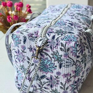 Floral Print Textile Weekender <b>Duffel</b> <b>Bag</b> with Zipper Closure Large Capacity Travel <b>Bag</b> & Outdoor Storage Handmade Weekender - Product Image 1