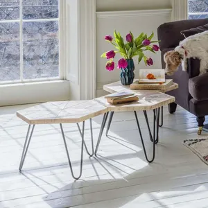 Table basse hexagonale en bois massif avec pieds en métal noir, tabouret compact pour petit espace, table centrale pour salon, chambre, style ferme - Product Image 2