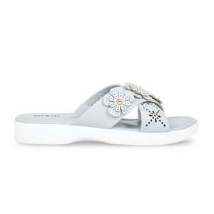 Mules formelles grises tendance pour femme en cuir véritable à bout ouvert avec décoration florale - Product Image 4
