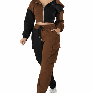 Ensemble de survêtement décontracté pour femme avec capuche et fermeture éclair, imprimé uni, deux pièces, printemps - Product Image 1