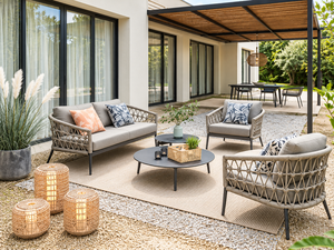 Conjunto de Sofá Moderno de Mimbre para Exteriores con Cojines Grises, Estructura Metálica y Mesa de Centro para Jardín, Patio y Terraza - Product Image 2