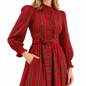 <b>Women</b>’s Red <b>Tartan</b> Plaid Midi <b>Dress</b> Long Puff Sleeve Ruffle Neck Belted Tiered A Line <b>Dress</b> Wholesale - Product Image 6