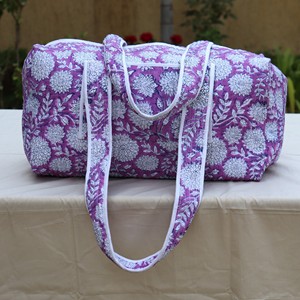 Purple Floral Print Quilted <b>Duffel</b> <b>Bag</b> With White Trim And Long Handles Large Capacity Weekender Travel <b>Bag</b> - Product Image 1