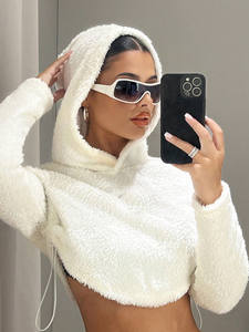 <b>Women</b> Cropped <b>Teddy</b> Fleece <b>Hoodie</b> Soft Sherpa Pullover Sparkle Rhinestone Detail Warm Winter Crop Hoodies Custom Production - Product Image 3