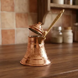 Nouvelle cafetière turque en cuivre avec couvercle, motif floral gravé, forme ronde, cafetière traditionnelle - Product Image 3