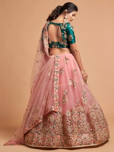 Pink Long <b>Net</b> Lehenga Choli Set with Real Mirror Work and Sequences Embroidery for Indian Wedding Dress for Women - Product Image 4