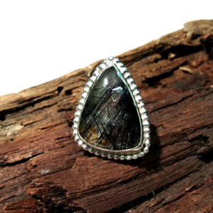 Natural <b>Black</b> Rutilated Quartz Gemstone 925 Sterling Silver Cushion Shape Handmade Bohemian Style Third Party Certified <b>Ring</b> - Product Image 3
