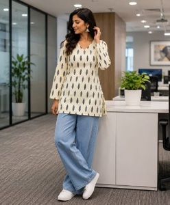 Trendy Pure Cotton Kurti With Leaf Print Loose Fit Midi Length Casual Wear For India Pakistan Style All Seasons <b>White</b> With - Product Image 1