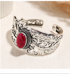 Ruby Gemstone <b>Silver</b> <b>Bracelet</b> – Artisan Handmade Adjustable <b>Cuff</b> Jewelry Ruby Stone <b>Silver</b> <b>Bracelet</b> – Ethnic Tribal Boho - Product Image 1