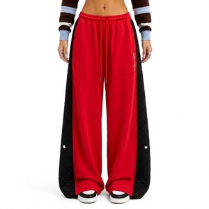 Women's Custom Wide Leg Casual <b>Trousers</b> Loose Fit <b>Drawstring</b> Waist Quilted Contrast Side Panels Streetwear <b>Trousers</b> - Product Image 1