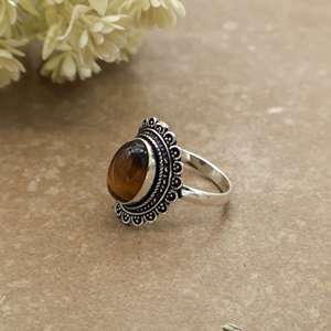 Handmade Vintage Oval Tigers Eye Gemstone Bezel <b>Set</b> Brass <b>Ring</b> 925 <b>Silver</b> Plated Unisex Boho Statement Jewelry - Product Image 2