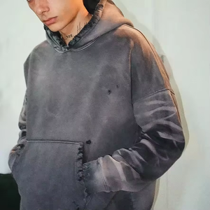 Sudadera con capucha para hombre, con cremallera, lavado ácido, 100% algodón, forro polar, estilo vintage, rasgada, informal, para invierno - Product Image 3