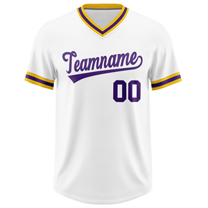 Camiseta de Béisbol Personalizada, Transpirable, de Malla, Blanca, Morada y Dorada, Cuello en V, Manga Corta, Unisex, Corte Regular, con Nombre del Equipo Impreso, 100% Poliéster - Product Image 1