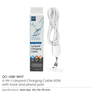 Câble de charge portable 4-en-1 60W avec lanière, 120 cm de long, avec crochet d'identification et support de téléphone en silicone, modèle OC-LN8-WHT, décontracté - Product Image 2