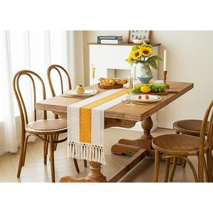 Runner da Tavolo in Macramè e Iuta Stile Boho, 72 Pollici, Giallo, Decorazione Rustica Autunnale per la Casa con Nappe, Stile Fattoria - Product Image 5