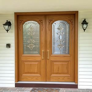 Puerta de Entrada de Madera Sólida GA-43G con Diseño Curvo Contemporáneo y Vidrio Teñido, Doble Moldura Abatible para Villa - Product Image 6