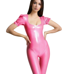Mono de Mujer Rosa con Recubrimiento de PU, Manga Corta, Cuello Cuadrado, Manga con Volantes, Cintura Alta, Ajuste Ceñido, Largo Completo, Color Sólido, Ropa de Club - Product Image 1