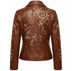 Chaqueta de Motocicleta de Cuero Genuino para Mujer con Bordado Floral, Cierre de Cremallera en Manga Larga, Cuello Camisero, Estilo Otoñal - Product Image 6