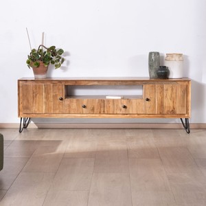 Meuble TV grand format Vandana Silver Texture 195 cm en bois d'acacia avec façades embossées et pieds en métal Wendy - Product Image 1