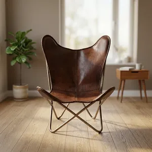 Vintage Leather Butterfly <b>Chair</b> Handmade Accent Lounge <b>Chair</b> Metal Legs Living Room Hotel Furniture - Product Image 6