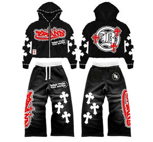Black Distressed Hoodie And <b>Sweatpants</b> <b>Set</b> With Cross Print And Red Logo Streetwear Tracksuit For Adults Unisex Zipper Front - Product Image 1