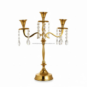 Artisanal 3-Light <b>Gold</b> <b>Candelabra</b> – Luxury Wedding Centerpiece with Crystals - Product Image 3