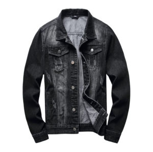 Black Denim Jackets for Men Comfortable and Stylish Ripped Design <b>Stand</b> Collar Most Popular with Good Quality - Product Image 1