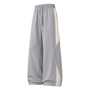 Pantalon de survêtement noir à jambes larges avec bande latérale, taille élastique et cordon de serrage, décontracté, en polyester tricoté pour l'automne - Product Image 4