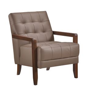 Poltrona Moderna in Pelle Marrone con Lavorazione Trapuntata, Finitura in Noce, Arredamento in Legno per Soggiorno - Product Image 1