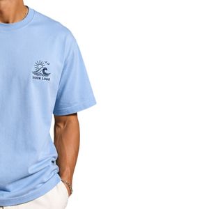 เสื้อยืดโอเวอร์ไซส์สีฟ้าอ่อนสำหรับผู้ชาย ปักโลโก้ตามสั่ง ผ้าคอตตอนหนา สไตล์สตรีทแวร์ คอกลม แขนสั้น เสื้อยืดลำลองใส่สบายสำหรับฤดูร้อน - Product Image 4